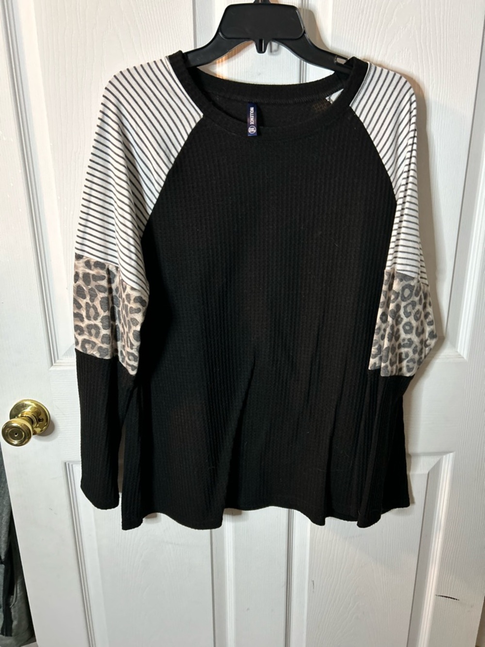 Waffle Knit Black Raglan Top with Striped & Leopard Sleeve Accents